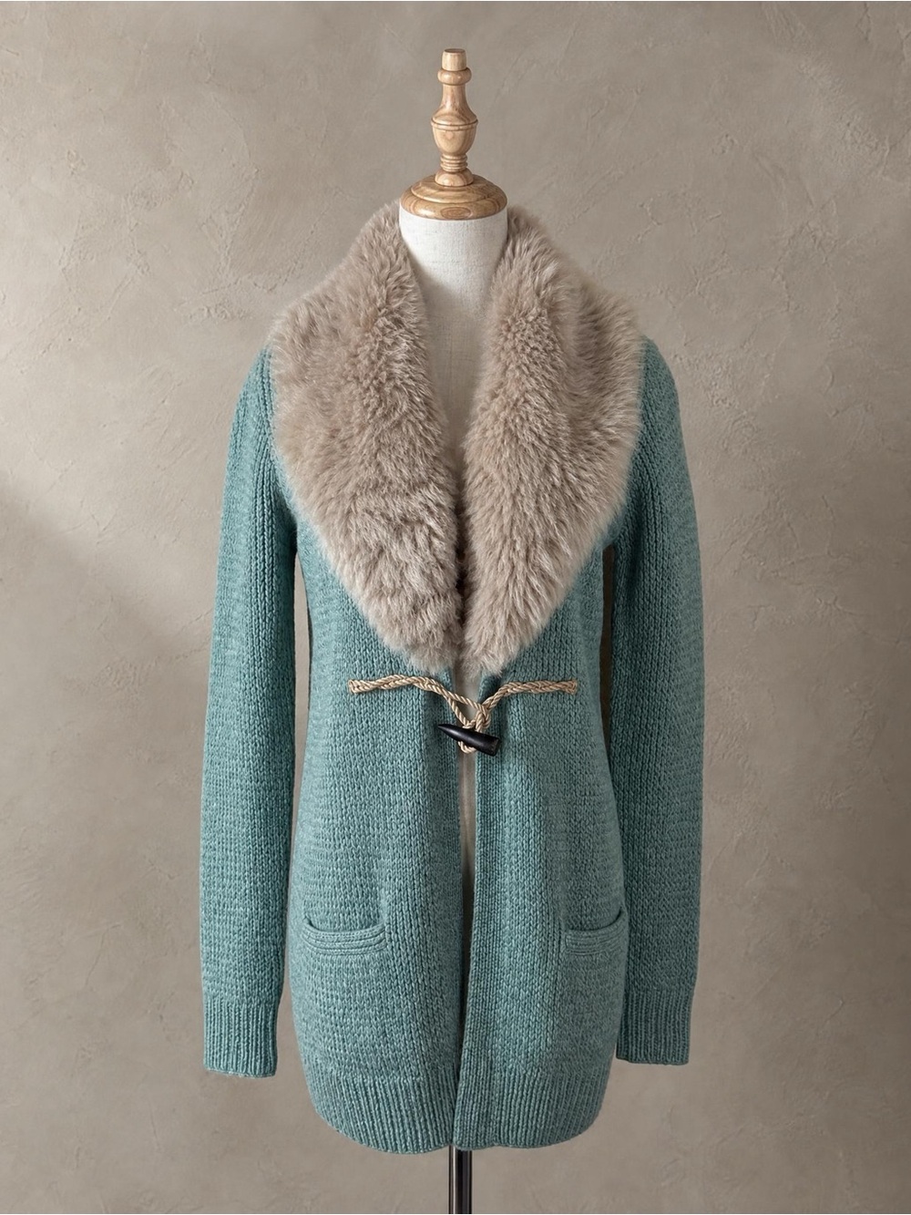 Ralph Lauren Blue Label Shearling Collar Hand Knit Cardigan Duck Egg Blue | S
